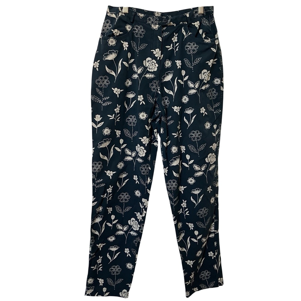 Y2K Floral High Waisted Cotton Straight Leg Pants Dark Teal Cream